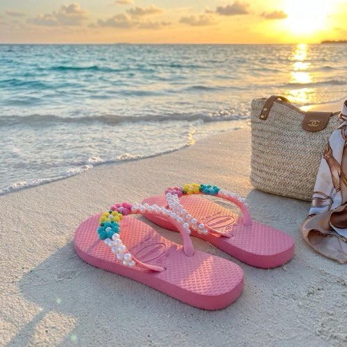 Havaianas marrom com pedrarias douradas e vermelhas