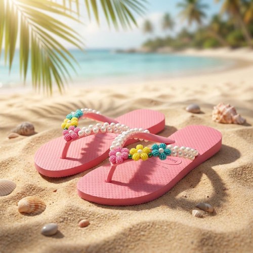Havaianas rosa com pérolas na areia da praia