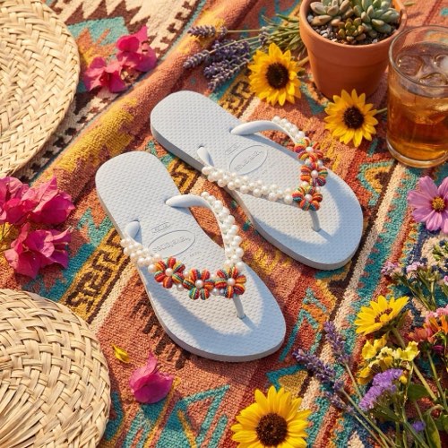 Havaianas branca com flores coloridas de pérola, estilo boho