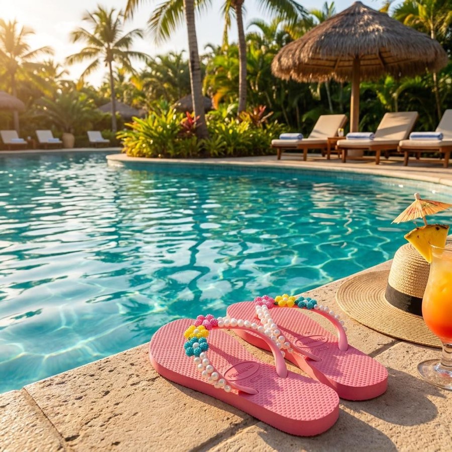 Chinelo Havaianas rosa com pérolas, à beira da piscina